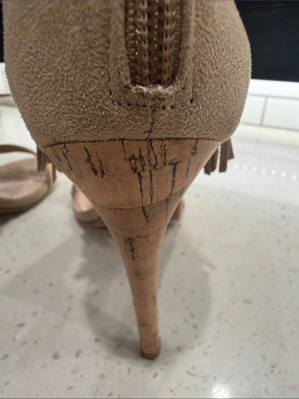 Chinese Laundry Taupe Fringe Ankle-Wrap Heels with Woven Accent